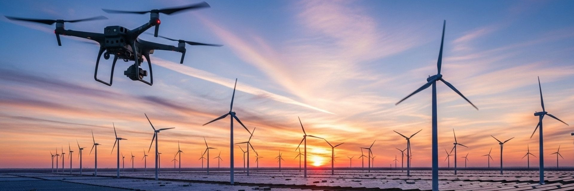 Kameradrohne fliegt bei Sonnenuntergang über Solarpark und Windräder