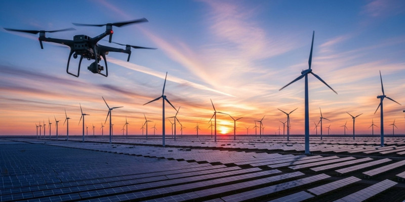 Kameradrohne fliegt bei Sonnenuntergang über Solarpark und Windräder